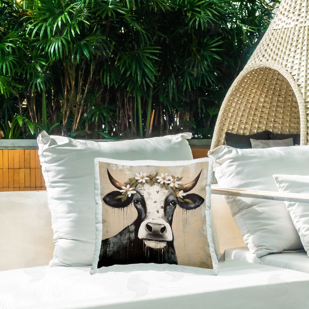 Lazar Studio Modern Cow & Daisy Crown Outdoor Quick-Dry Polyester Printed Throw Pillow in Back Yard