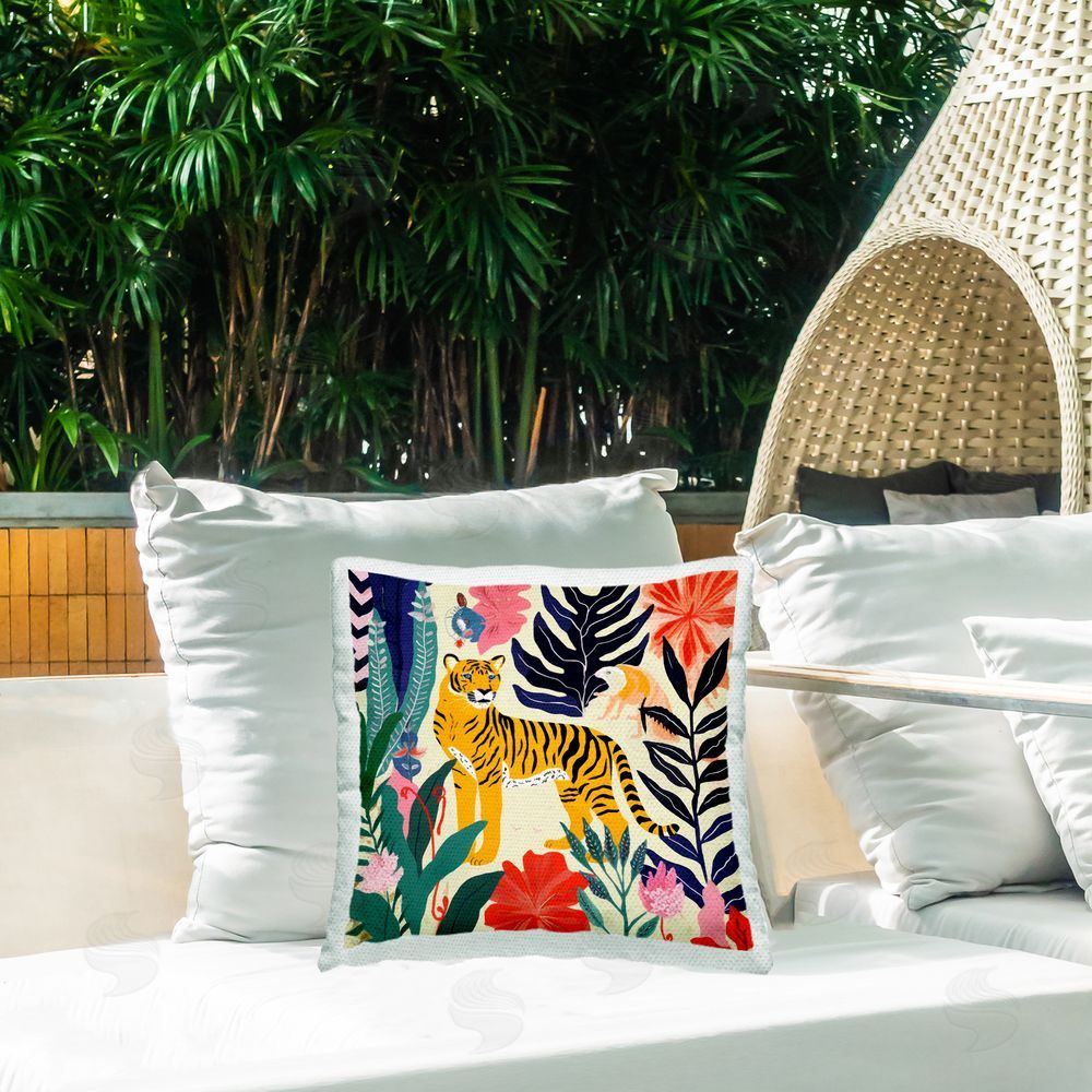 Lazar Studio Modern Tiger & Leaves Outdoor Quick-Dry Polyester Printed Throw Pillow in Back Yard