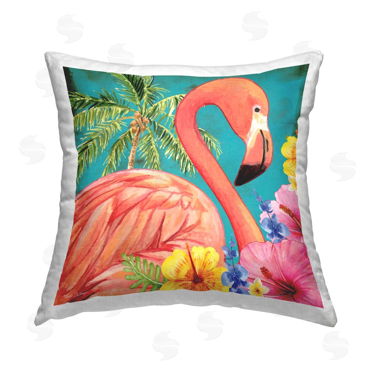 ND Art Flamingo with Summer Plants Printed Plush Polyester Throw Pillow