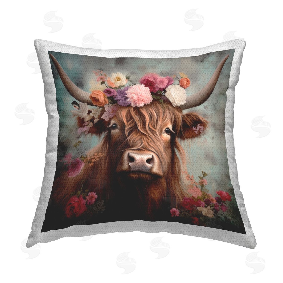 Irena Orlov Detailed Cattle & Floral Garland Outdoor Quick-Dry Polyester Printed Throw Pillow