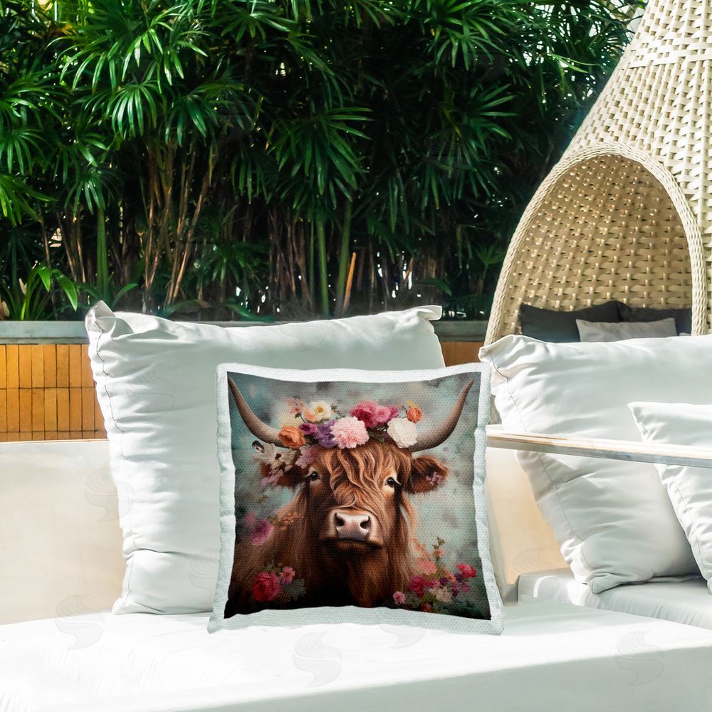 Irena Orlov Detailed Cattle & Floral Garland Outdoor Quick-Dry Polyester Printed Throw Pillow in Back Yard