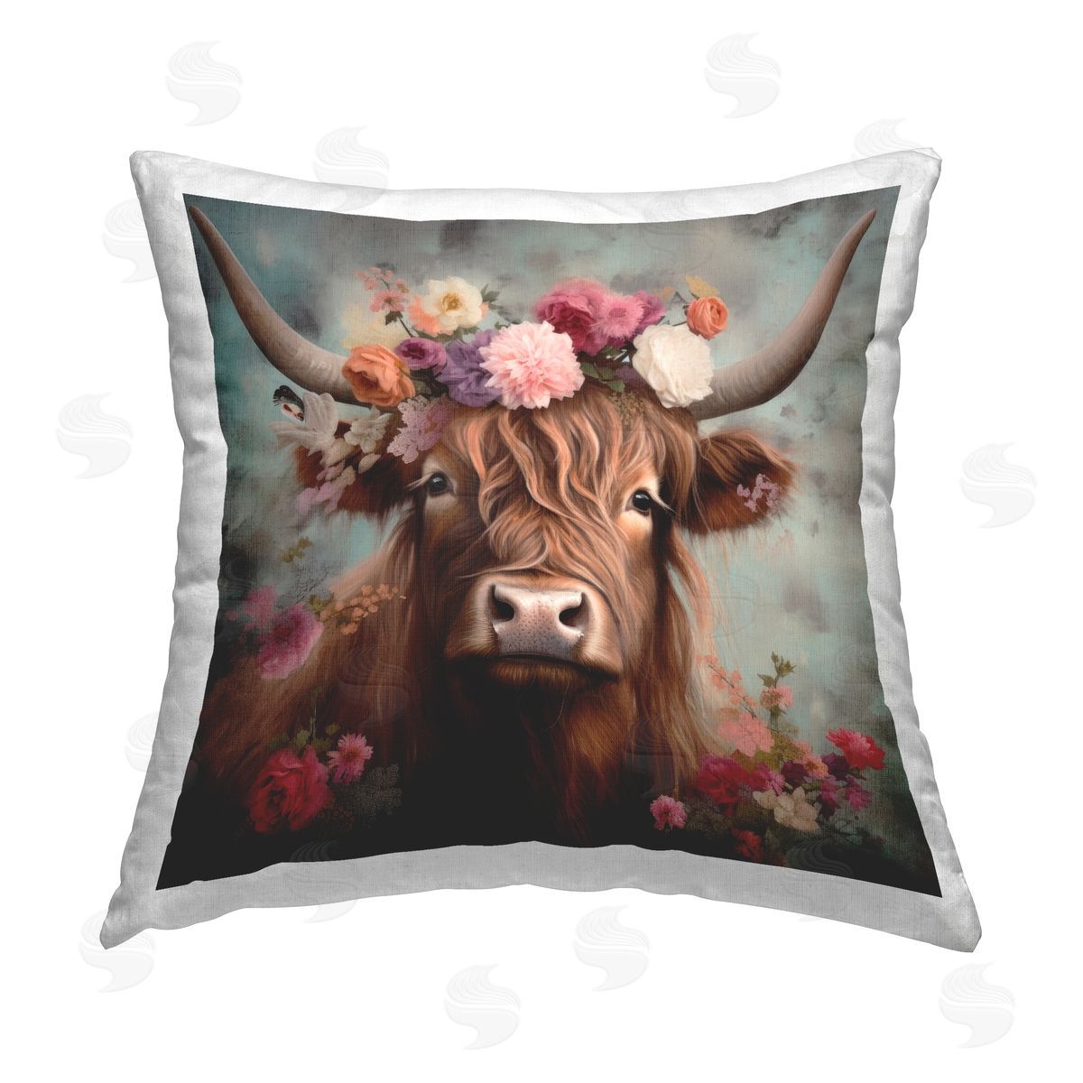 Irena Orlov Detailed Cattle & Floral Garland Printed Plush Polyester Throw Pillow