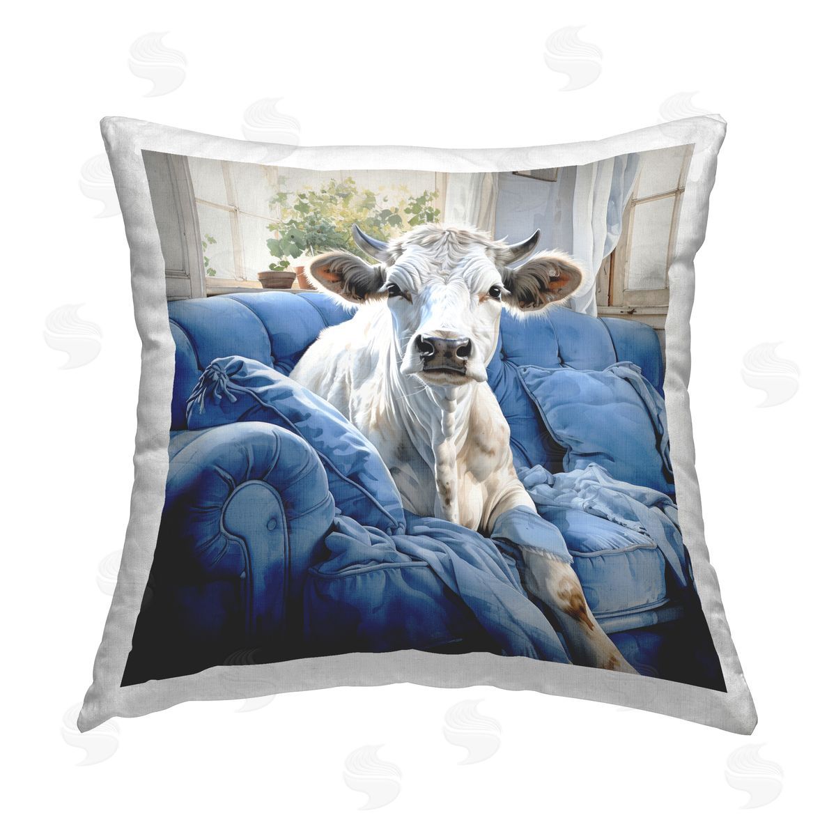 Ryley Gray Cattle on Blue Couch Printed Plush Polyester Throw Pillow