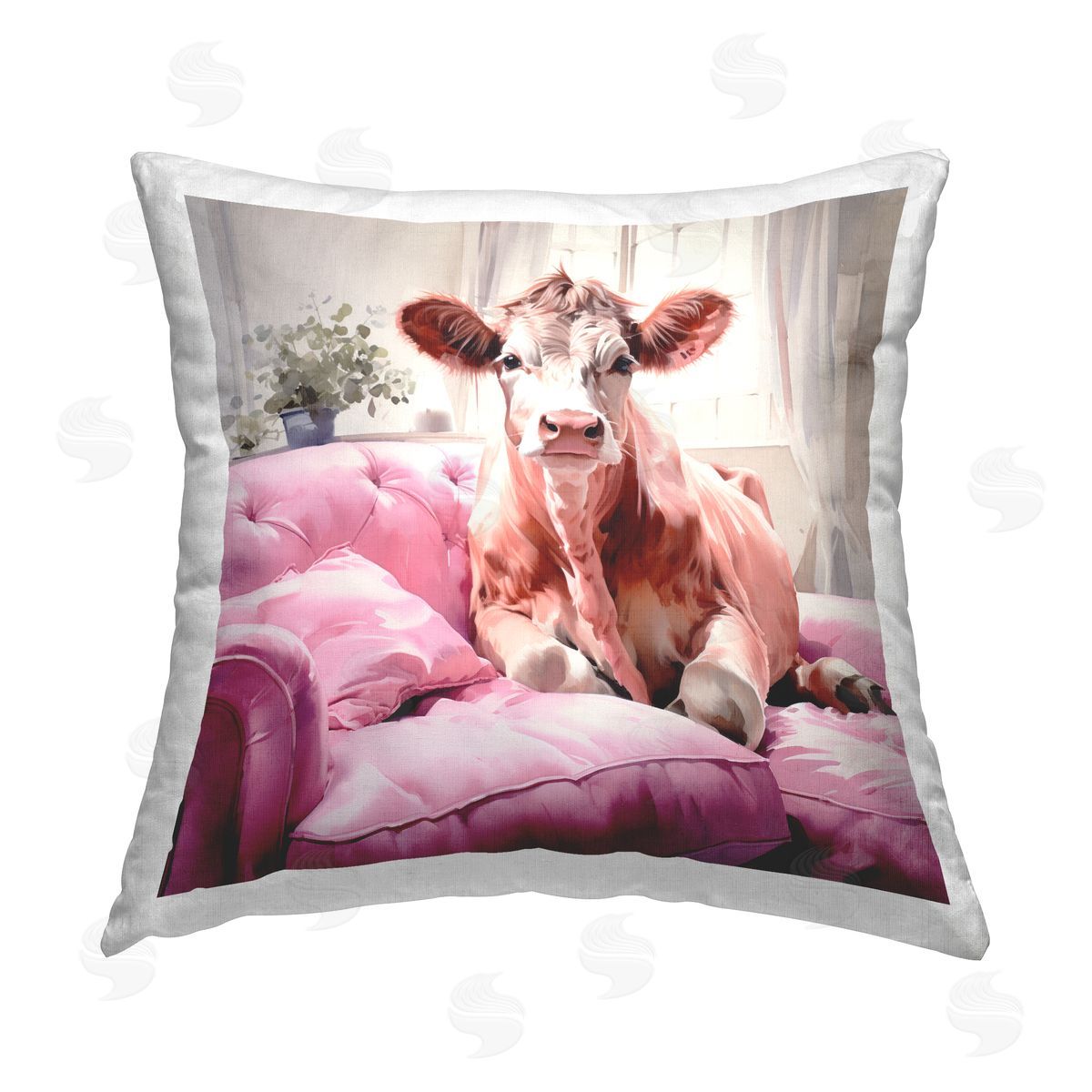 Ryley Gray Cow on Pink Couch Printed Plush Polyester Throw Pillow