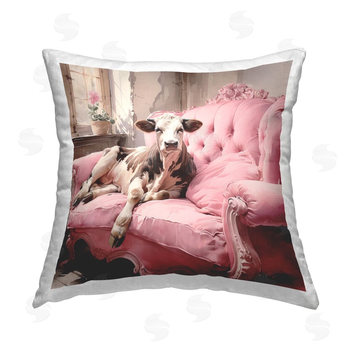 Ryley Gray Cow on Pink Antique Couch Printed Plush Polyester Throw Pillow