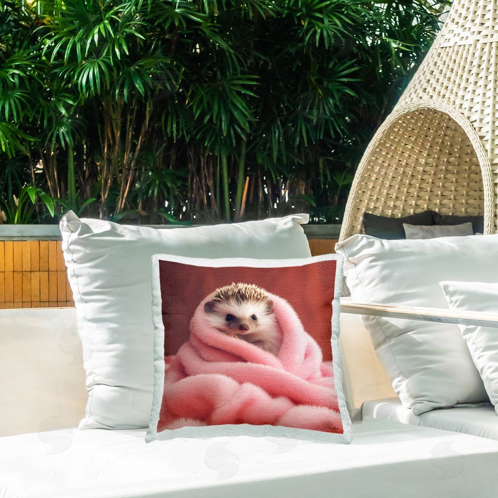 Roozbeh Cuddly Hedgehog in Blanket Outdoor Quick-Dry Polyester Printed Throw Pillow in Back Yard