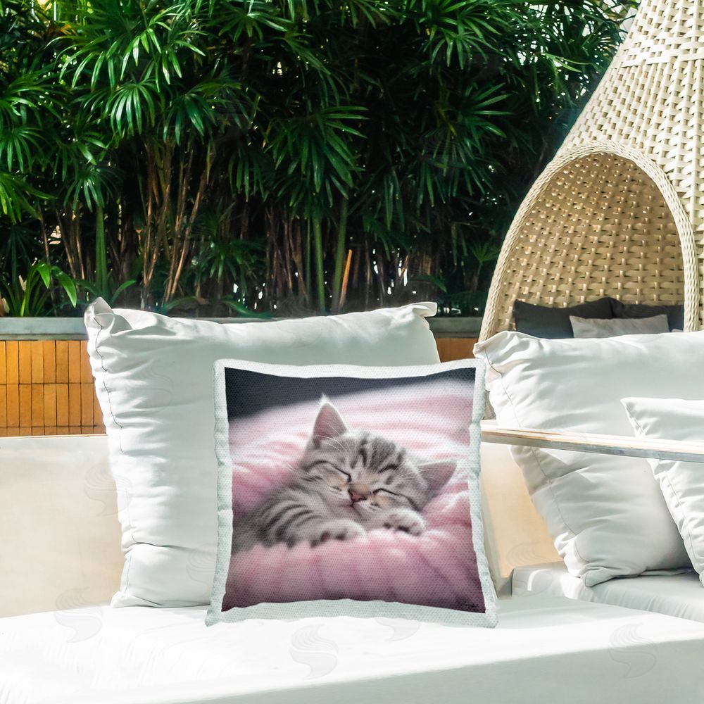 Roozbeh Soft Sleeping Kitten Outdoor Quick-Dry Polyester Printed Throw Pillow in Back Yard