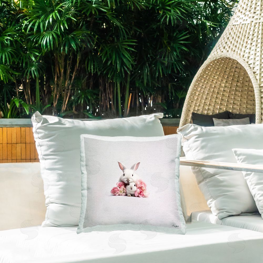 Roozbeh Hugging Bunnies & Roses Outdoor Quick-Dry Polyester Printed Throw Pillow in Back Yard