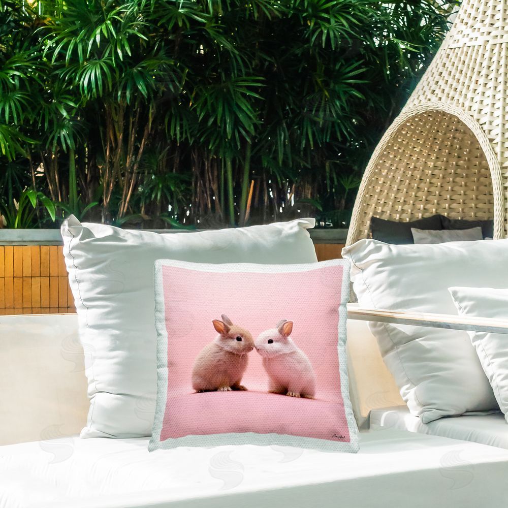Roozbeh Baby Bunnies on Pink Outdoor Quick-Dry Polyester Printed Throw Pillow in Back Yard