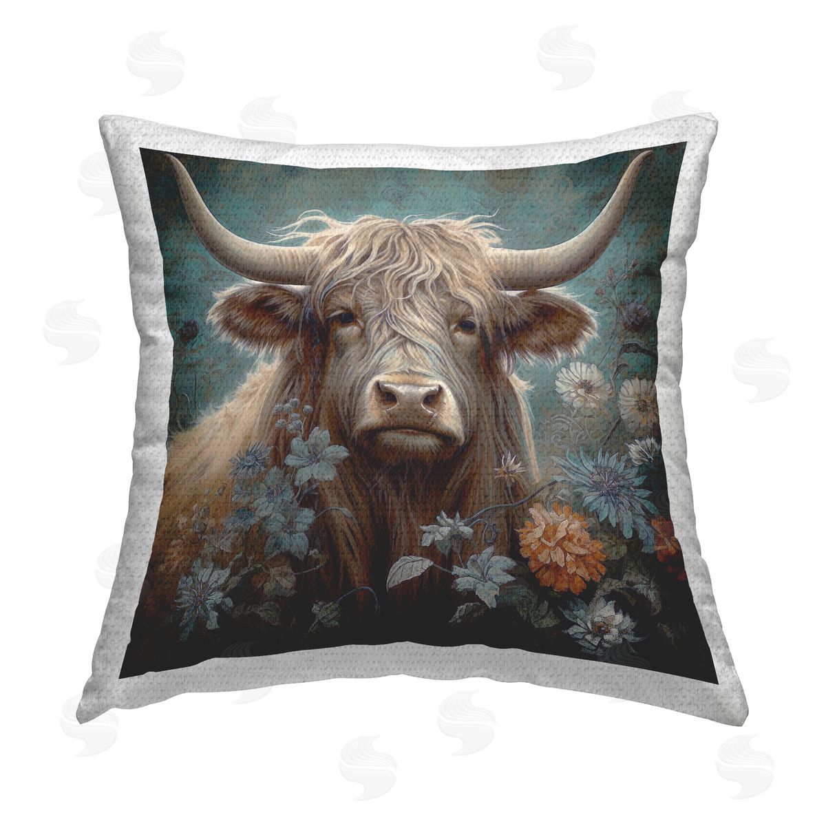 Steve Hunziker Floral Shaggy Cattle Outdoor Quick-Dry Polyester Printed Throw Pillow