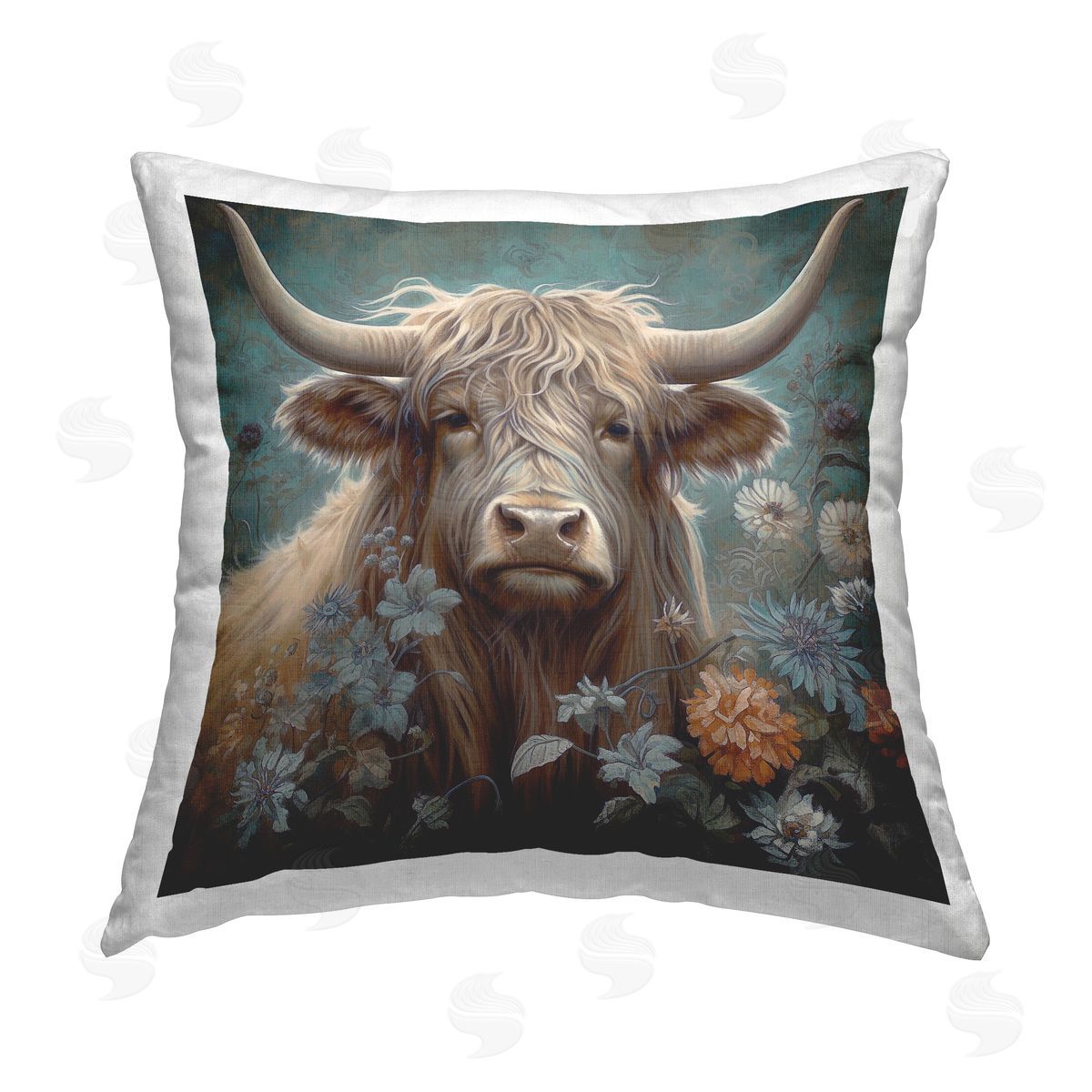 Steve Hunziker Floral Shaggy Cattle Printed Plush Polyester Throw Pillow