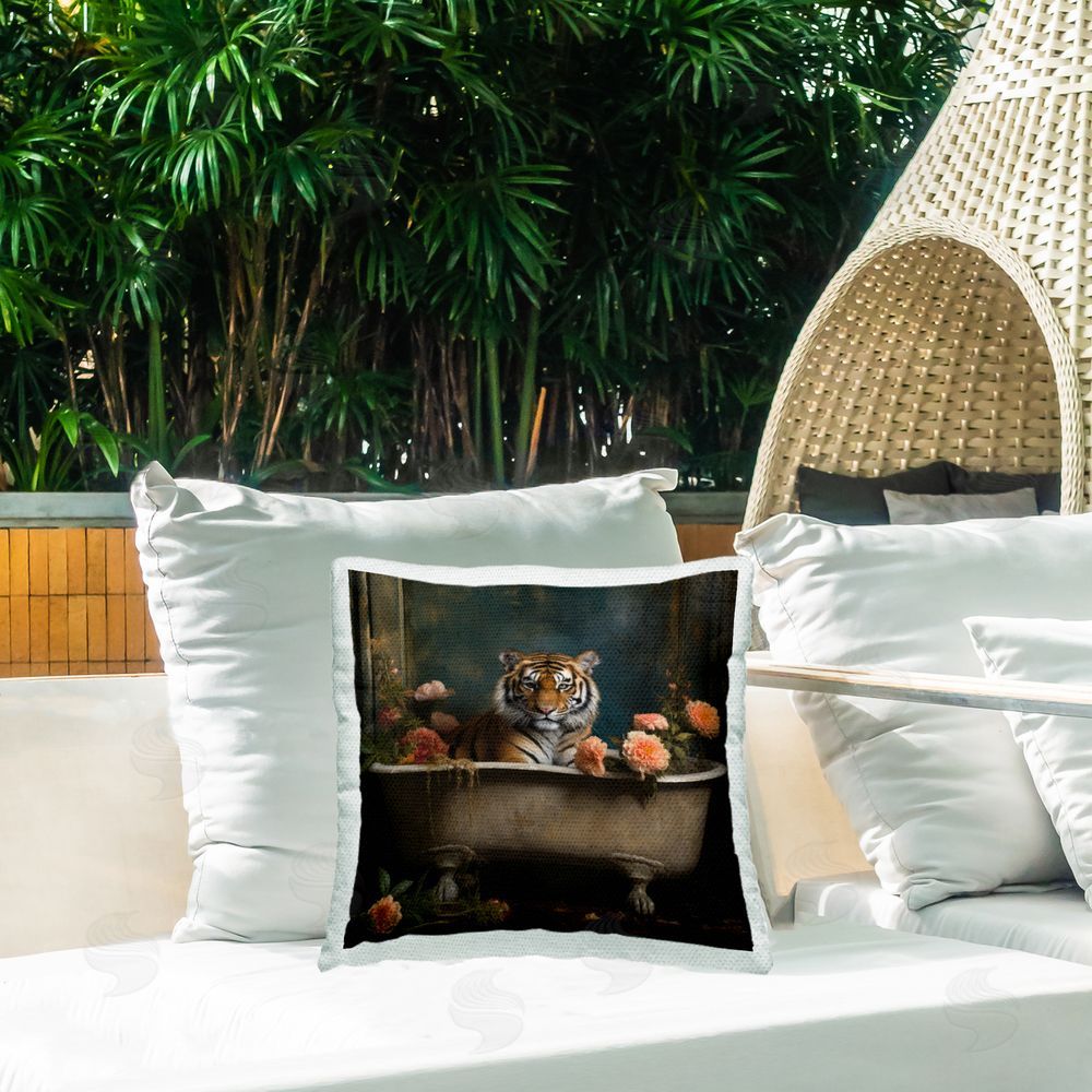 Lazar Studio Tiger in Antique Tub Outdoor Quick-Dry Polyester Printed Throw Pillow in Back Yard