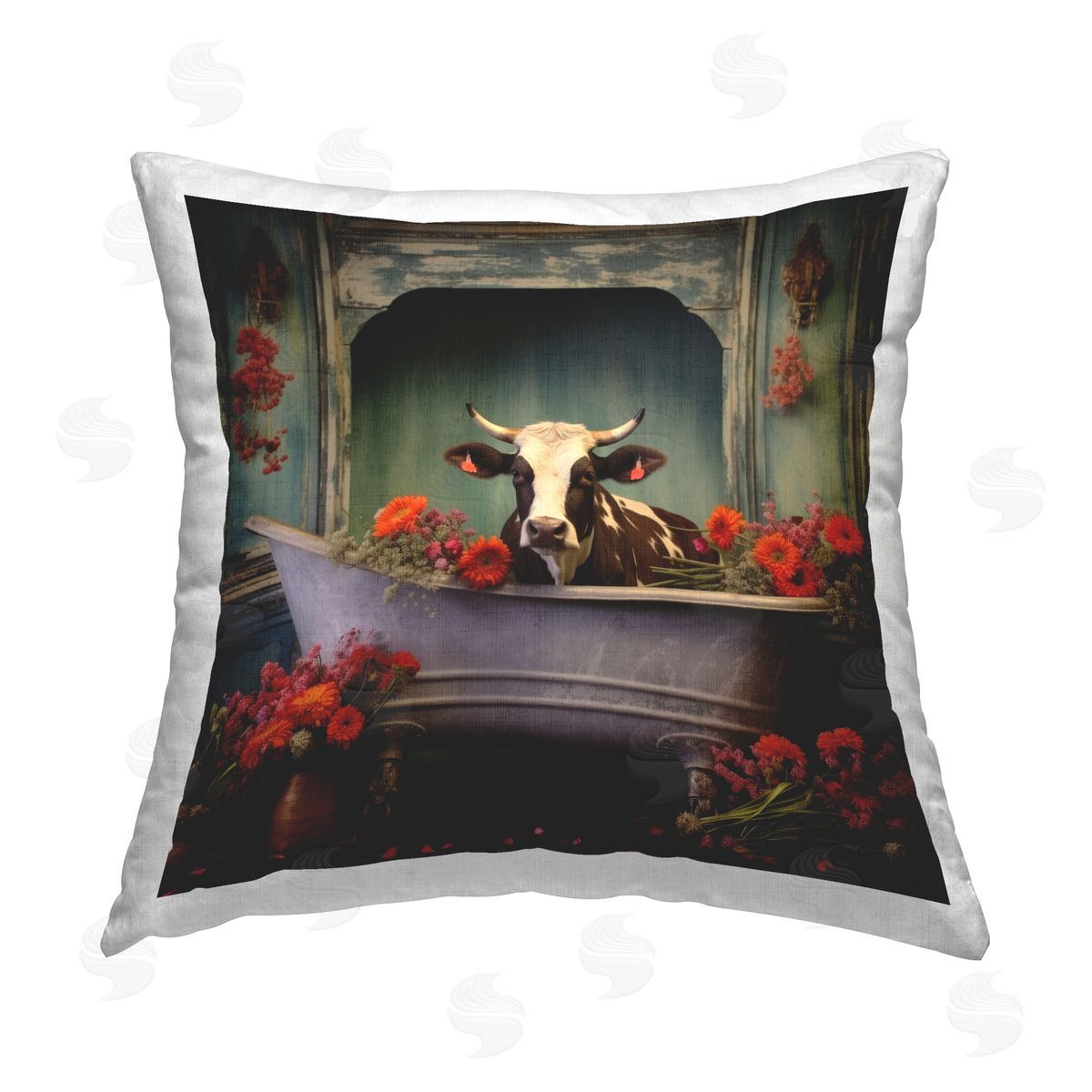 Lazar Studio Bathing Cow Red Accents Printed Plush Polyester Throw Pillow