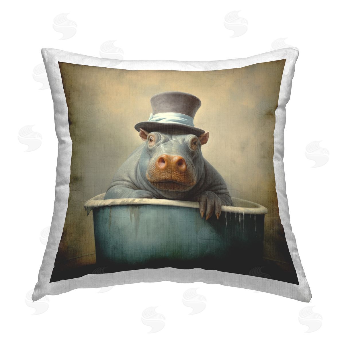 Lazar Studio Bathing Hippo in Top Hat Printed Plush Polyester Throw Pillow