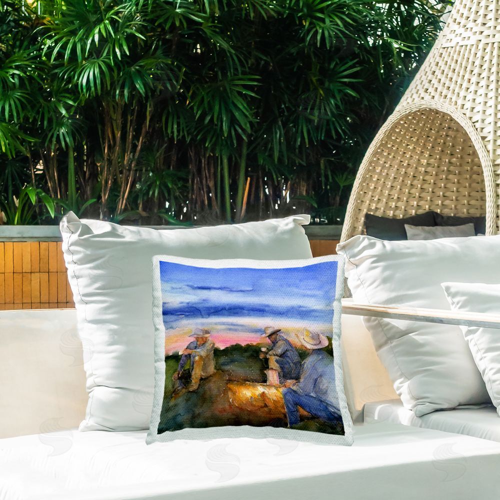 John Keeling Cowboys Around Campfire Outdoor Quick-Dry Polyester Printed Throw Pillow in Back Yard