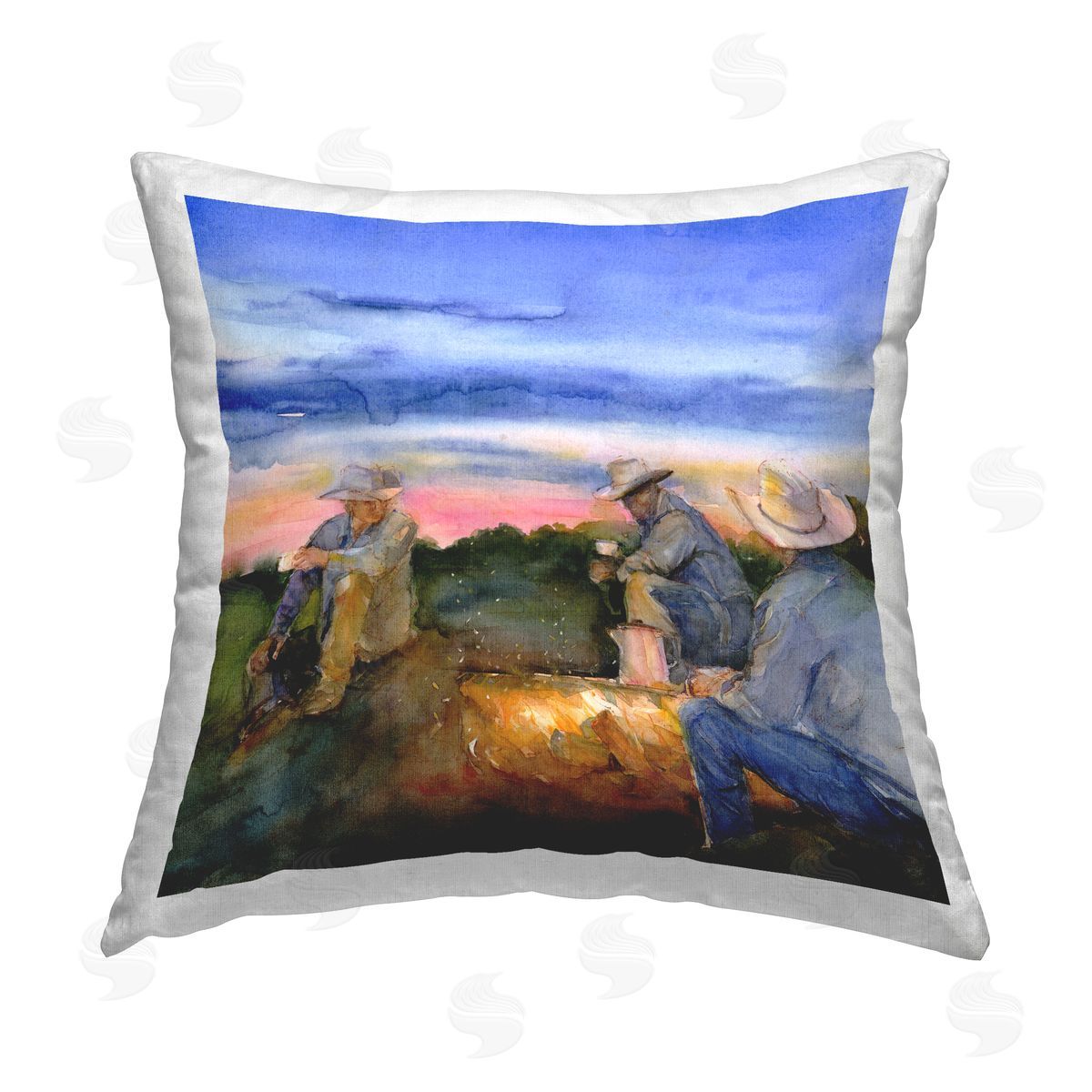 John Keeling Cowboys Around Campfire Printed Plush Polyester Throw Pillow