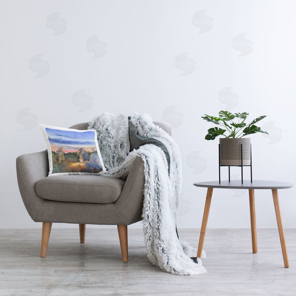 John Keeling Cowboys Around Campfire Printed Plush Polyester Throw Pillow On Chair