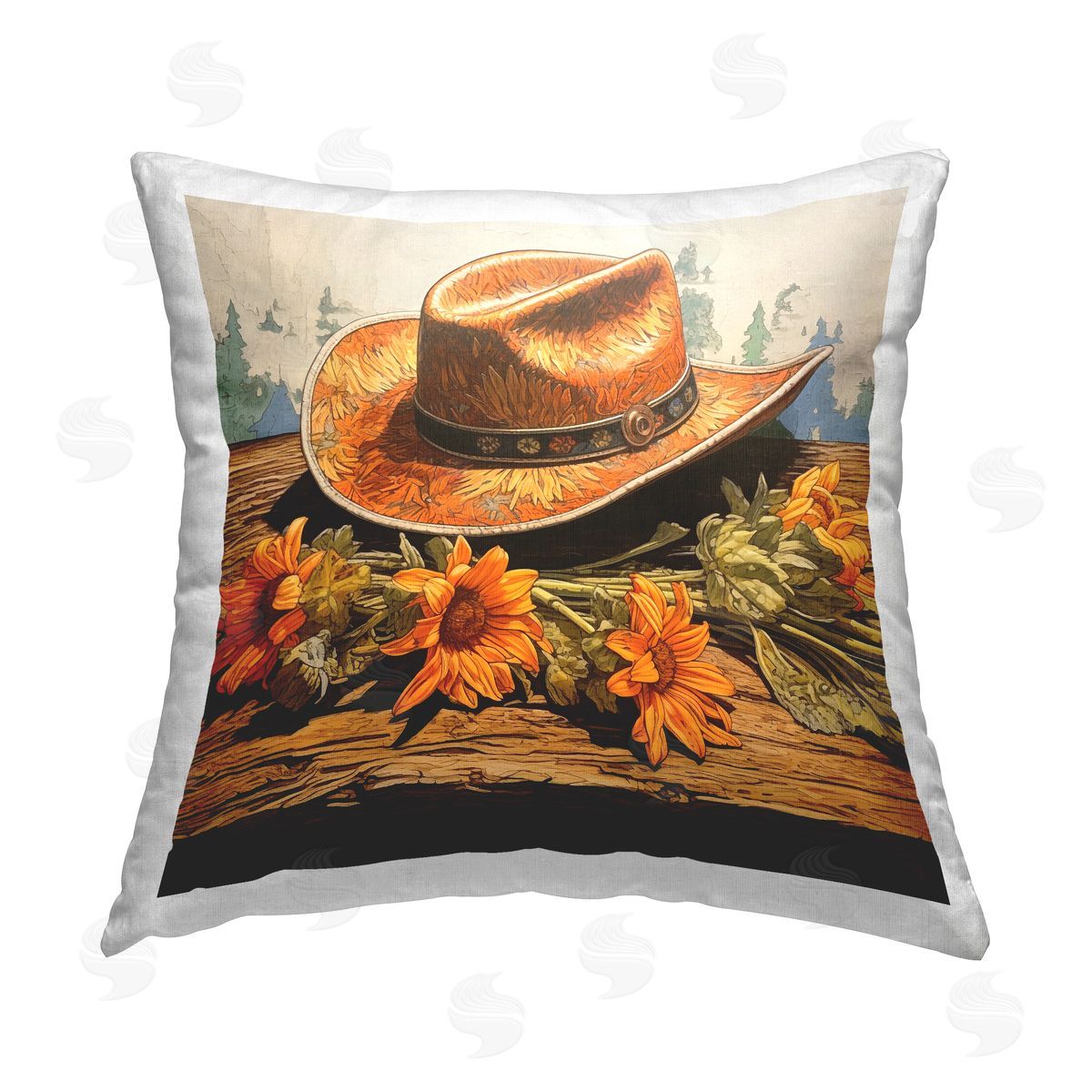 RB Cowboy Hat & Sunflowers Printed Plush Polyester Throw Pillow