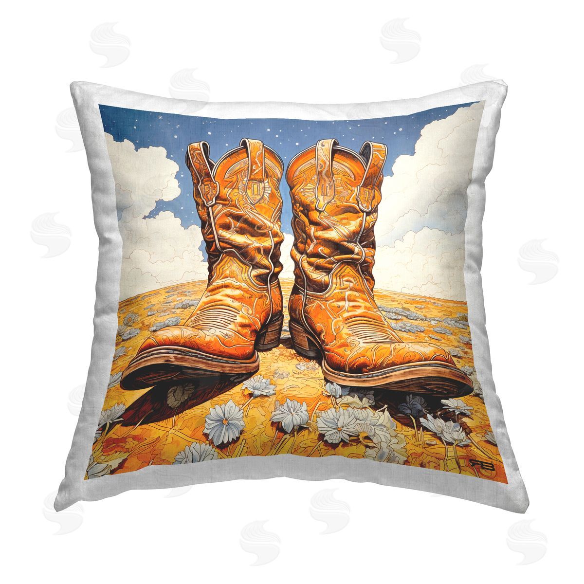RB Rodeo Boots & Daisies Printed Plush Polyester Throw Pillow