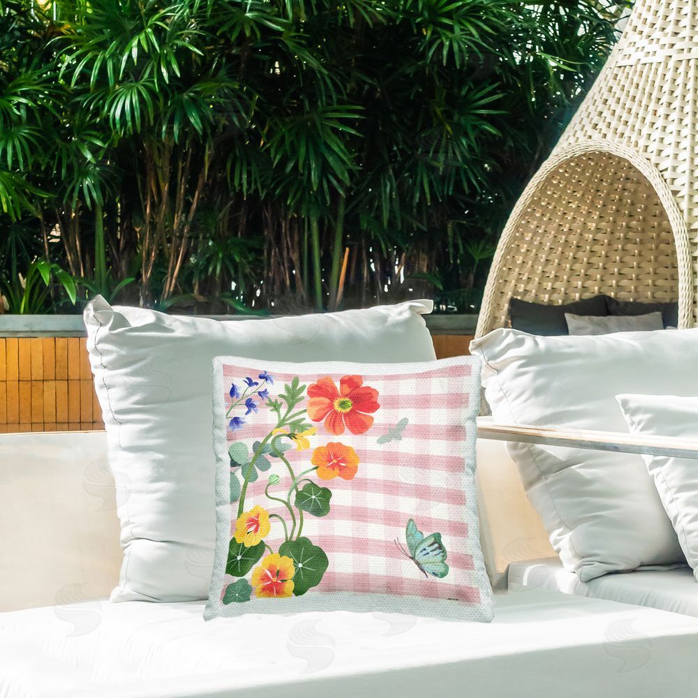Jennifer Brinley rep. Levison Designs Florals & Pink Gingham Outdoor Quick-Dry Polyester Printed Throw Pillow in Back Yard