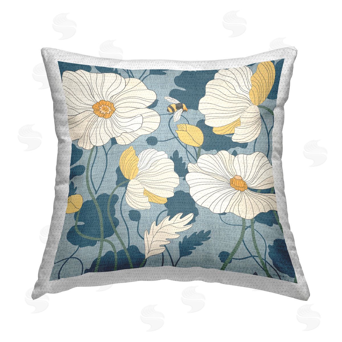 Jennifer Brinley rep. Levison Designs White Poppies with Bee Outdoor Quick-Dry Polyester Printed Throw Pillow