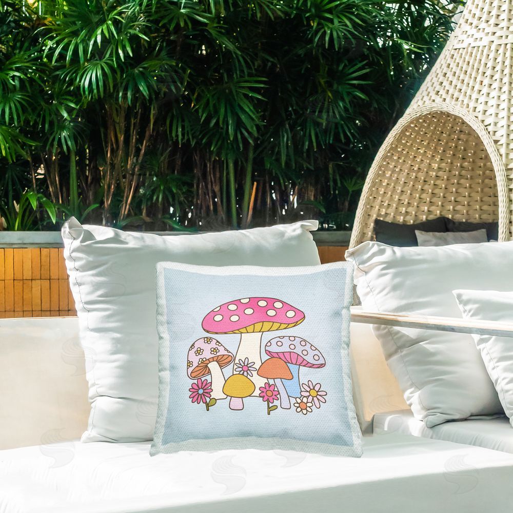 Victoria Barnes Groovy Patterned Mushrooms Outdoor Quick-Dry Polyester Printed Throw Pillow in Back Yard