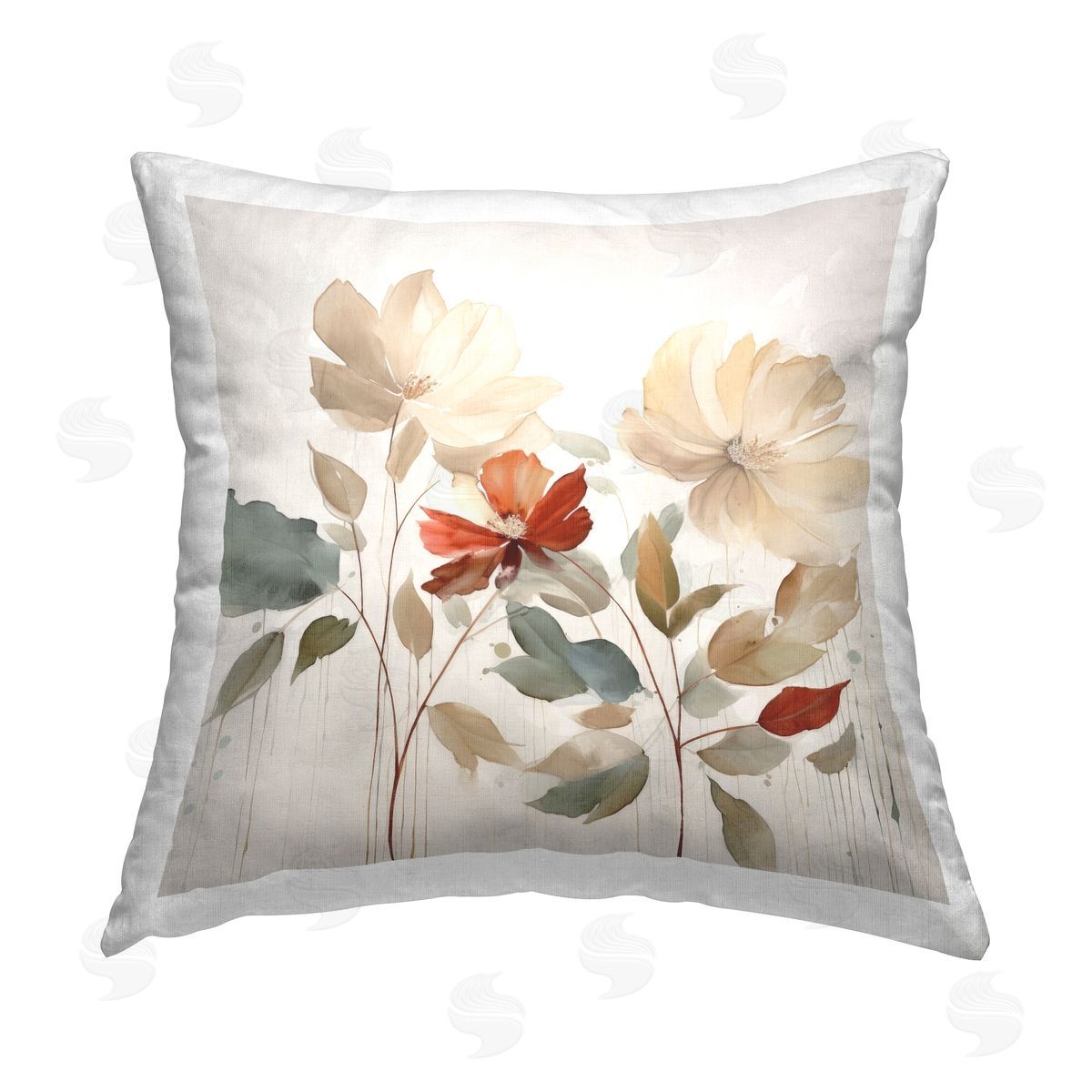 Lazar Studio Neutral Blooms with Red Printed Plush Polyester Throw Pillow