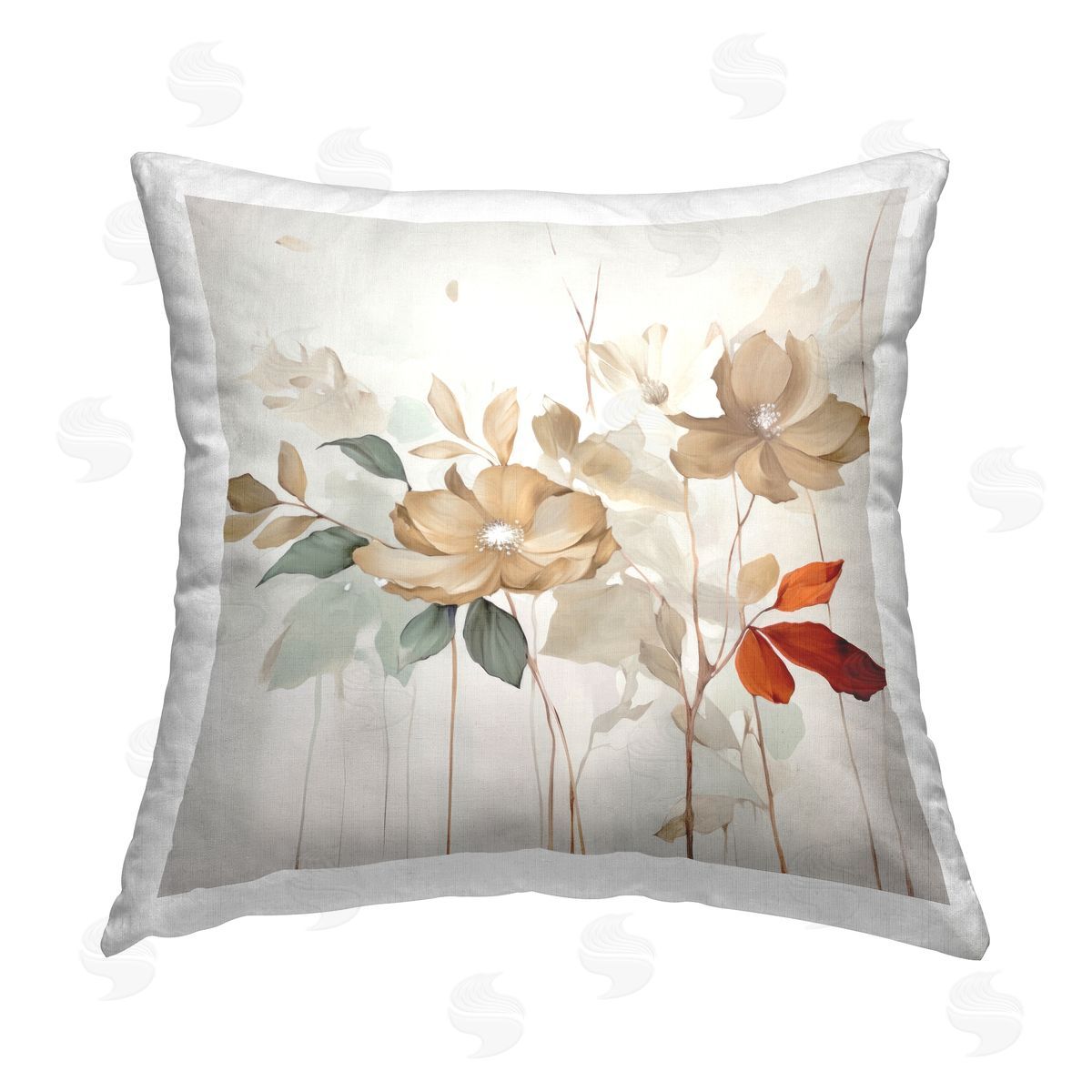Lazar Studio Neutral & Red Flowers Printed Plush Polyester Throw Pillow