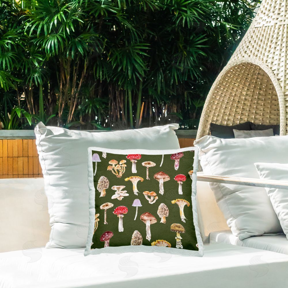 Two If By Sea Studios Mushroom Patter on Grey Outdoor Quick-Dry Polyester Printed Throw Pillow in Back Yard