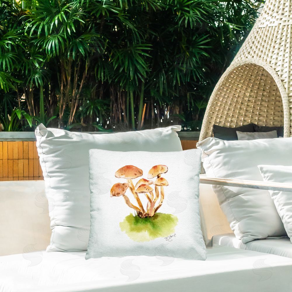 Two If By Sea Studios Muted Mushroom Sprouts Outdoor Quick-Dry Polyester Printed Throw Pillow in Back Yard