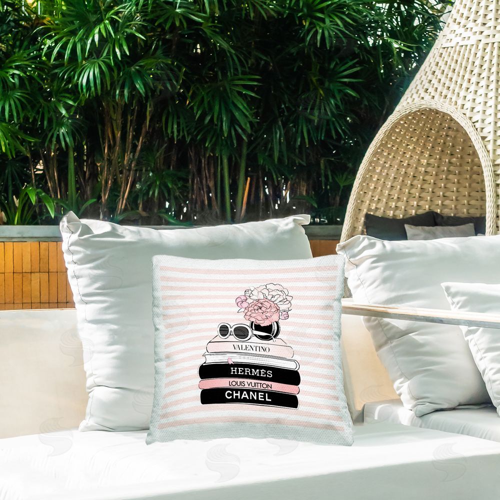 Martina Pavlova Pink Striped Fashion Bookstack Outdoor Quick-Dry Polyester Printed Throw Pillow in Back Yard