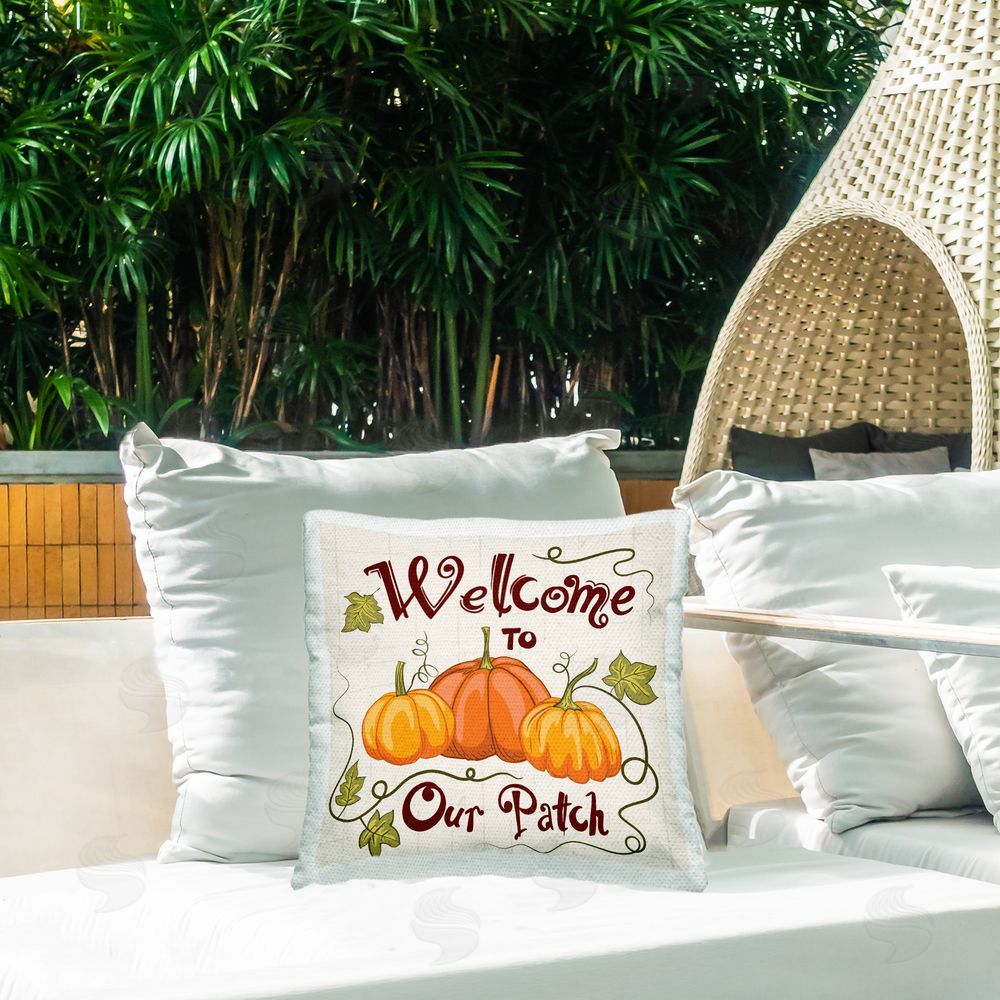 Diane Labombarbe Pumpkin Patch Family Phrase Outdoor Quick-Dry Polyester Printed Throw Pillow in Back Yard