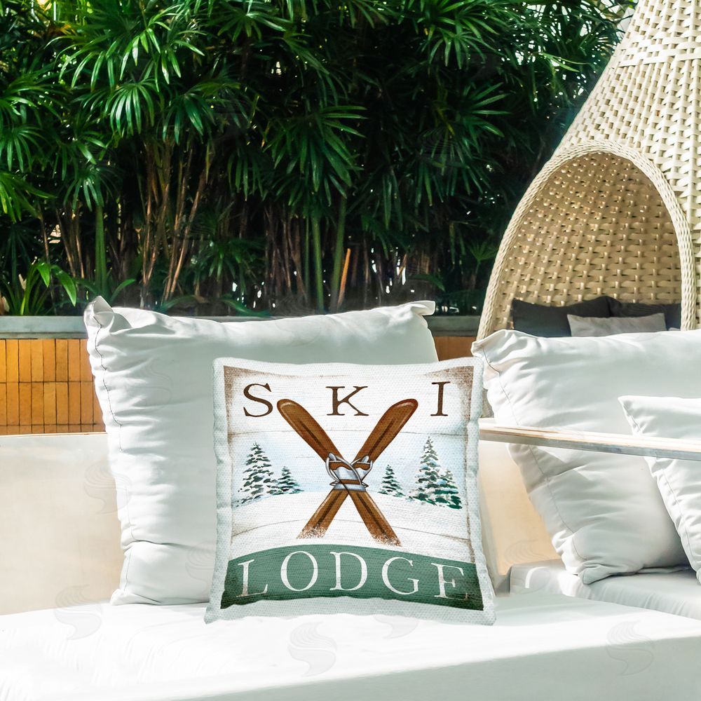 Elizabeth Tyndall Vintage Ski Lodge Outdoor Quick-Dry Polyester Printed Throw Pillow in Back Yard
