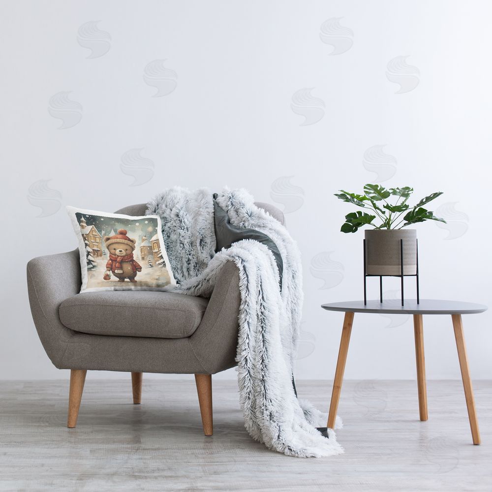 RB Bear in Snowy Village Printed Plush Polyester Throw Pillow On Chair