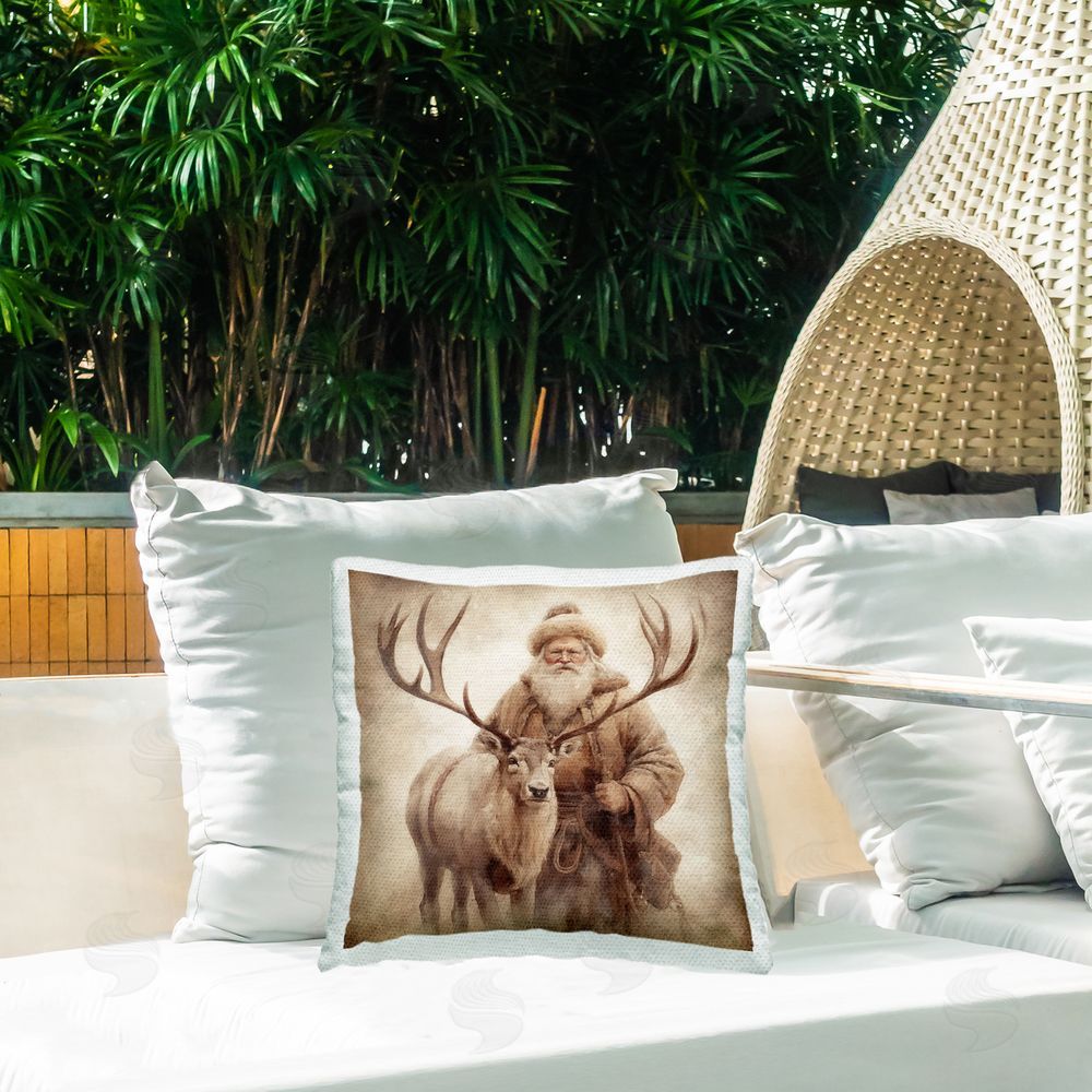 Riley B Traditional Santa & Elk Outdoor Quick-Dry Polyester Printed Throw Pillow in Back Yard