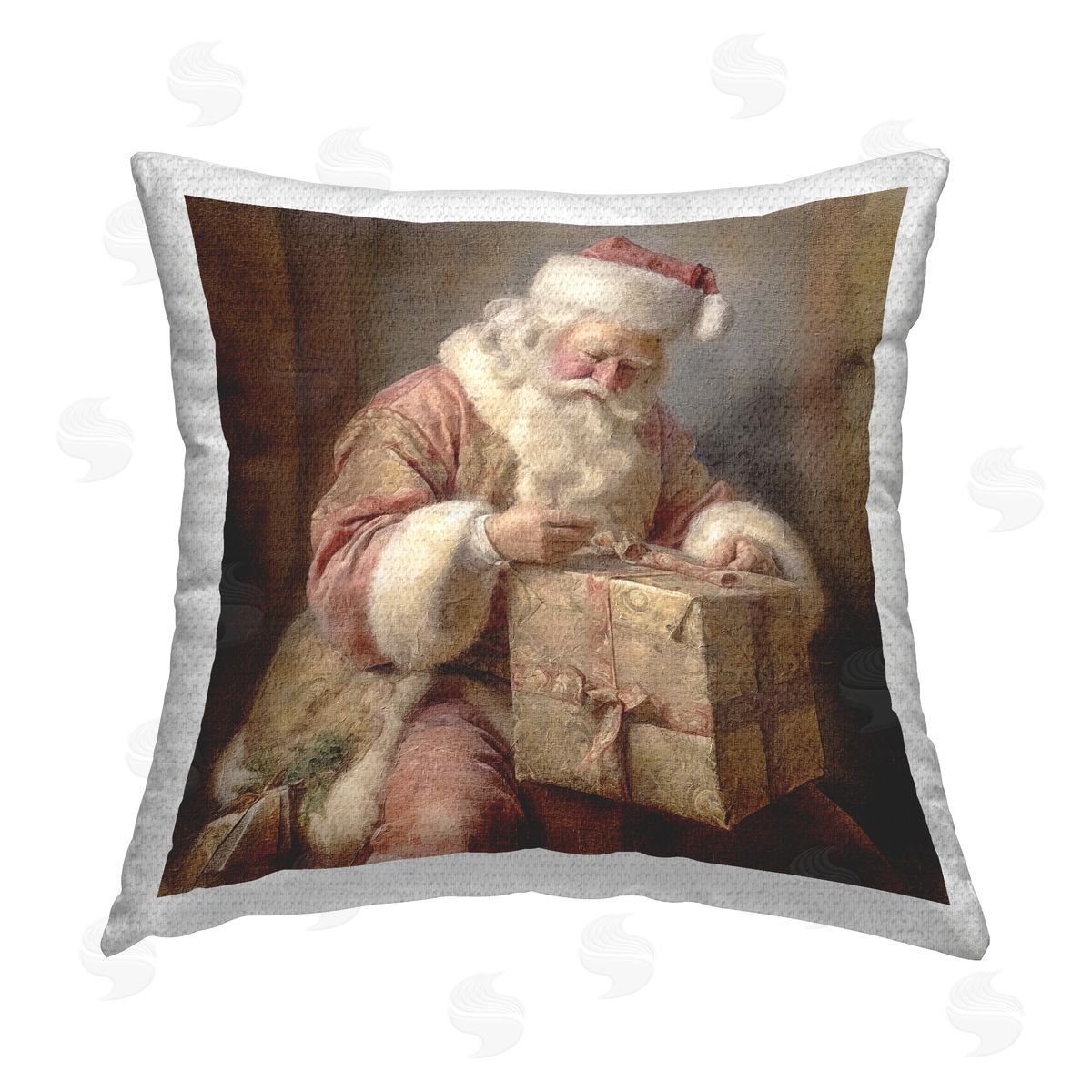 Riley B Vintage Santa Wrapping Gift Outdoor Quick-Dry Polyester Printed Throw Pillow