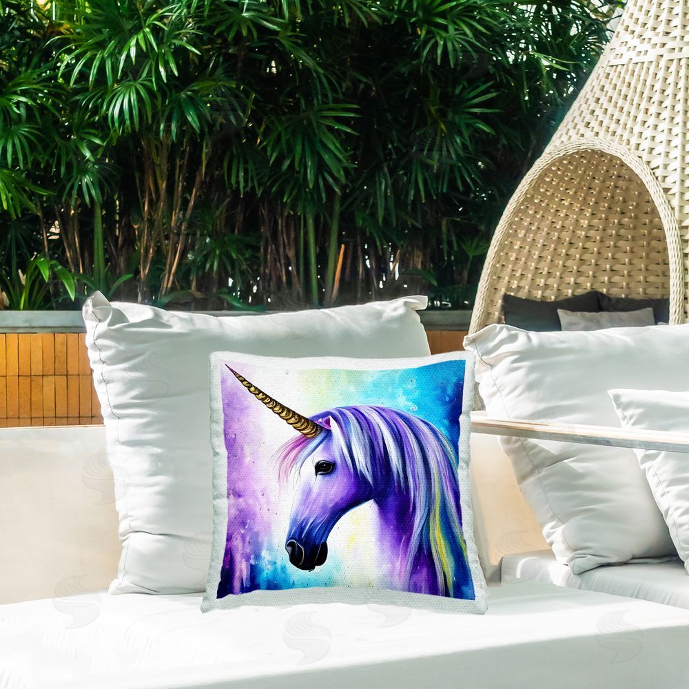 Denise Dundon Bold Purple Unicorn Outdoor Quick-Dry Polyester Printed Throw Pillow in Back Yard