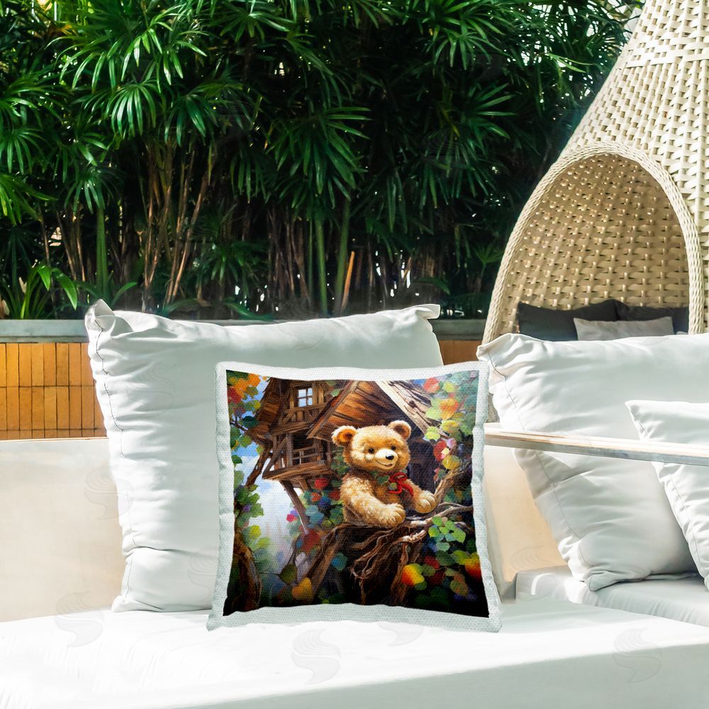 Ray Powers Teddy Bear in Tree House Outdoor Quick-Dry Polyester Printed Throw Pillow in Back Yard