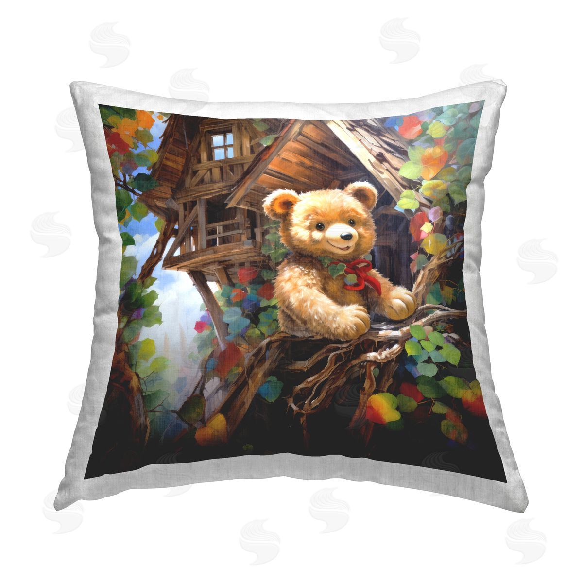 Ray Powers Teddy Bear in Tree House Printed Plush Polyester Throw Pillow