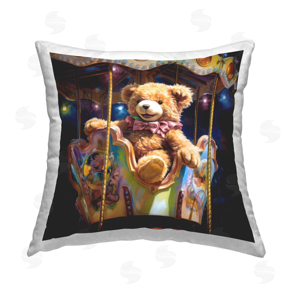 Ray Powers Teddy Bear on Carousel Printed Plush Polyester Throw Pillow