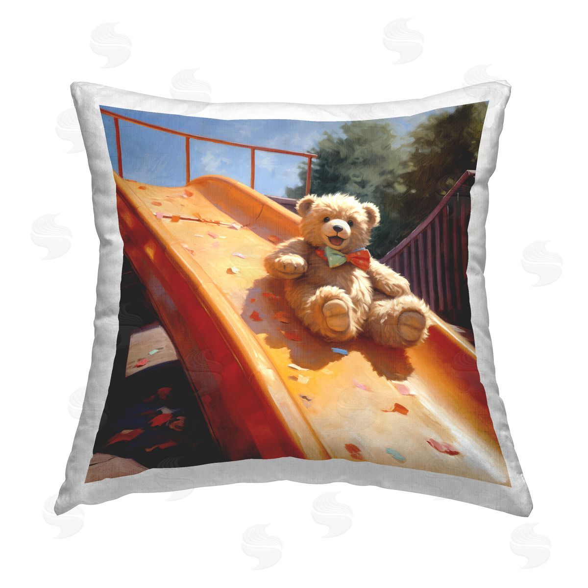 Ray Powers Teddy Bear on Slide Printed Plush Polyester Throw Pillow