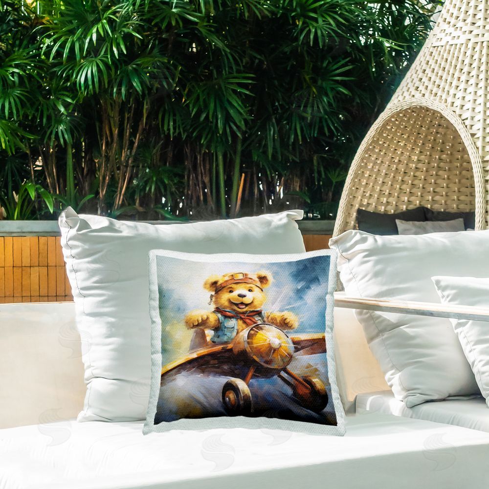 Ray Powers Teddy Bear Pilot Outdoor Quick-Dry Polyester Printed Throw Pillow in Back Yard