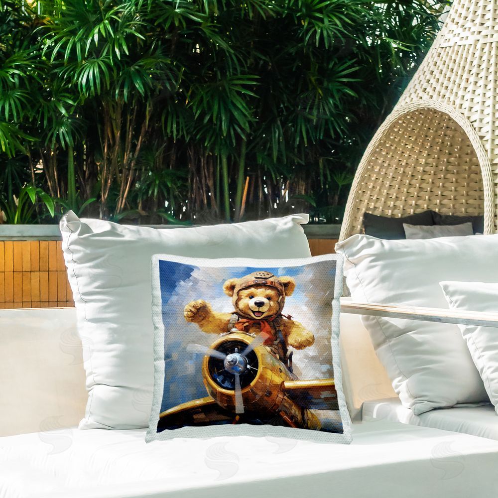 Ray Powers Pilot Bear in Clouds Outdoor Quick-Dry Polyester Printed Throw Pillow in Back Yard