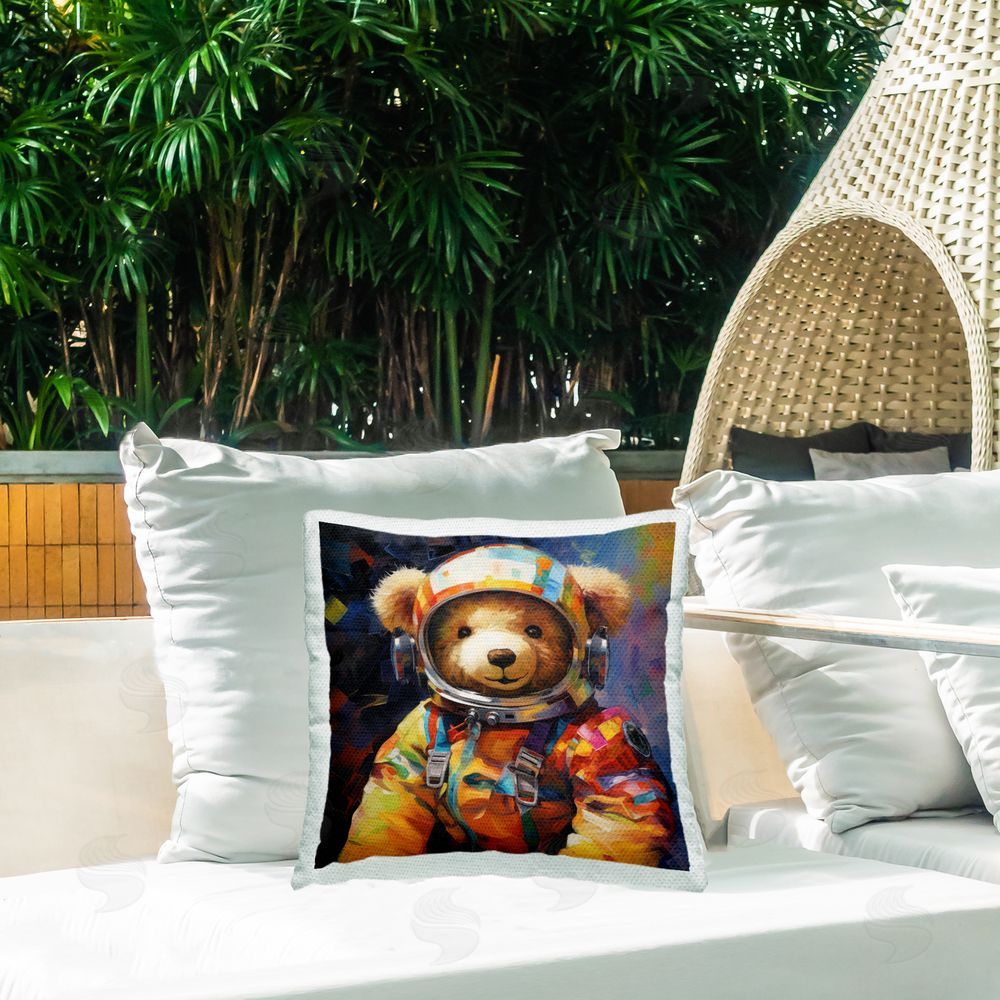 Ray Powers Modern Teddy Bear Astronaut Outdoor Quick-Dry Polyester Printed Throw Pillow in Back Yard