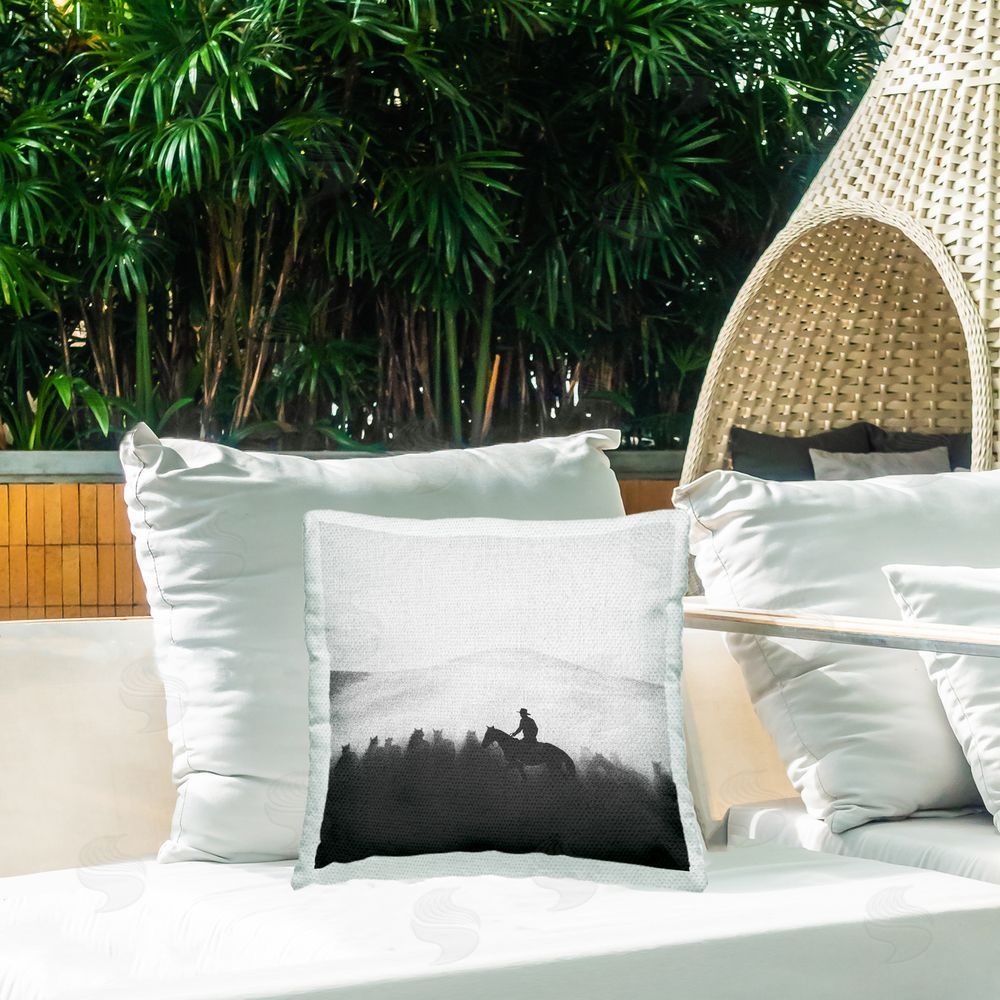 Katrina Craven Cowboy in Foggy Scene Outdoor Quick-Dry Polyester Printed Throw Pillow in Back Yard