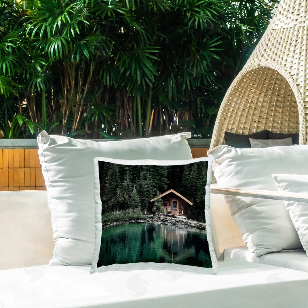 Kim Allen Log Cabin Lake Reflection Outdoor Quick-Dry Polyester Printed Throw Pillow in Back Yard