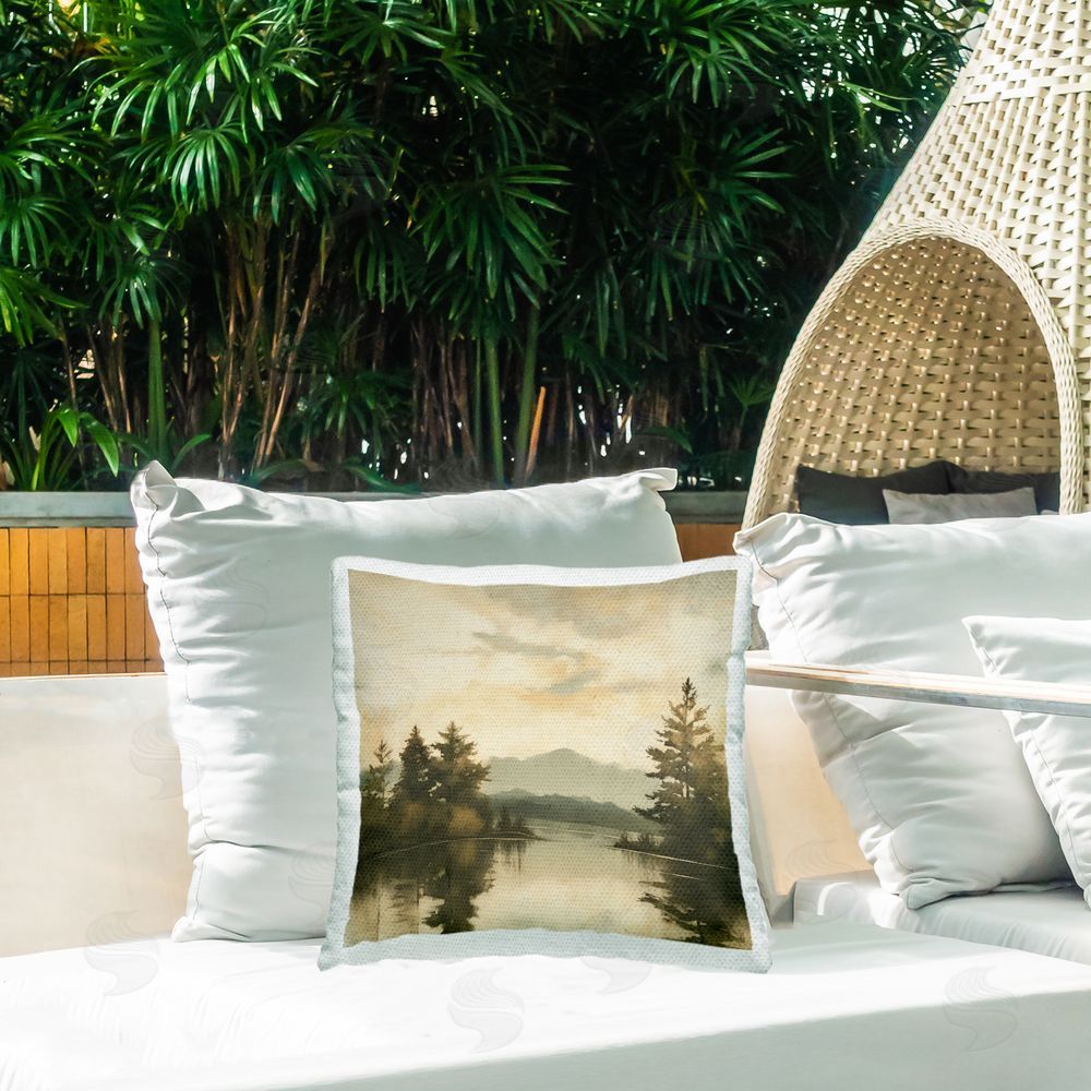 Irena Orlov Misty Trees on Lake Outdoor Quick-Dry Polyester Printed Throw Pillow in Back Yard
