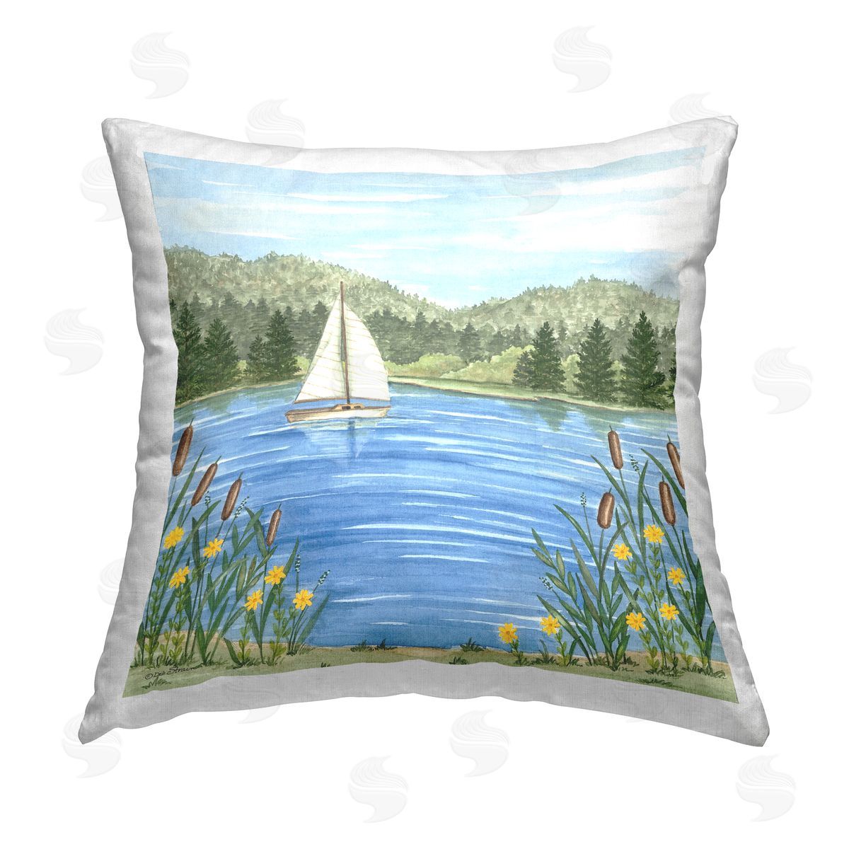 Deb Strain Sailboat & Lake Botanicals Printed Plush Polyester Throw Pillow