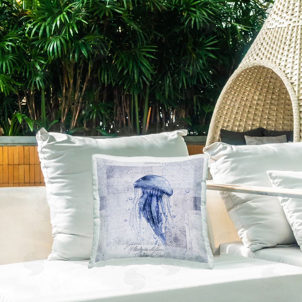 Andrea Haase Vintage Collaged Jellyfish Outdoor Quick-Dry Polyester Printed Throw Pillow in Back Yard
