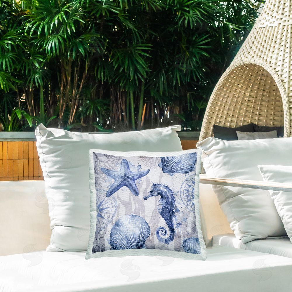 Andrea Haase Vintage Collaged Sea Life Outdoor Quick-Dry Polyester Printed Throw Pillow in Back Yard